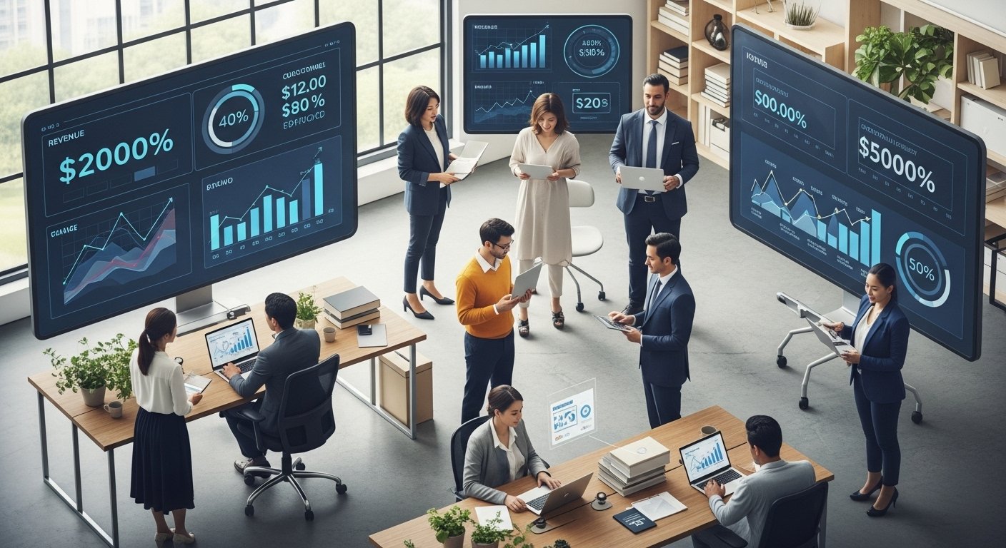 Data-driven charts and graphs on a screen, symbolizing the measurable ROI of AI.