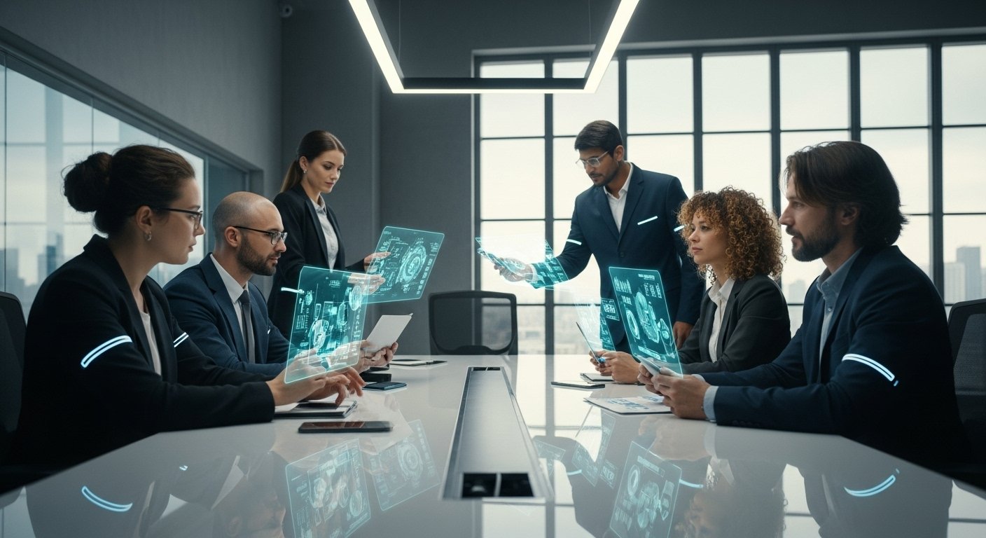 A diverse group of professionals in a modern office, engaged in a strategic discussion.