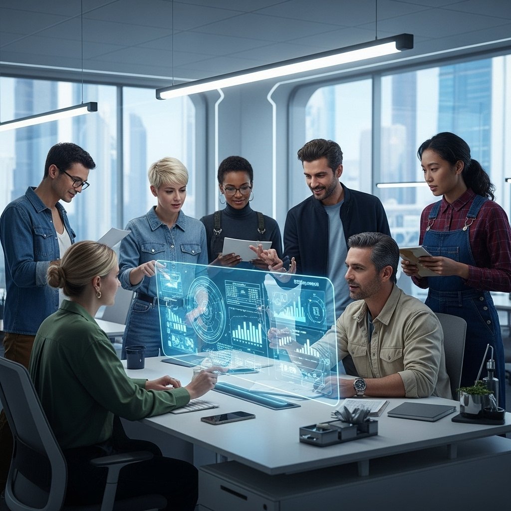 A group of experienced consultants reviewing a strategic plan on a glass wall.