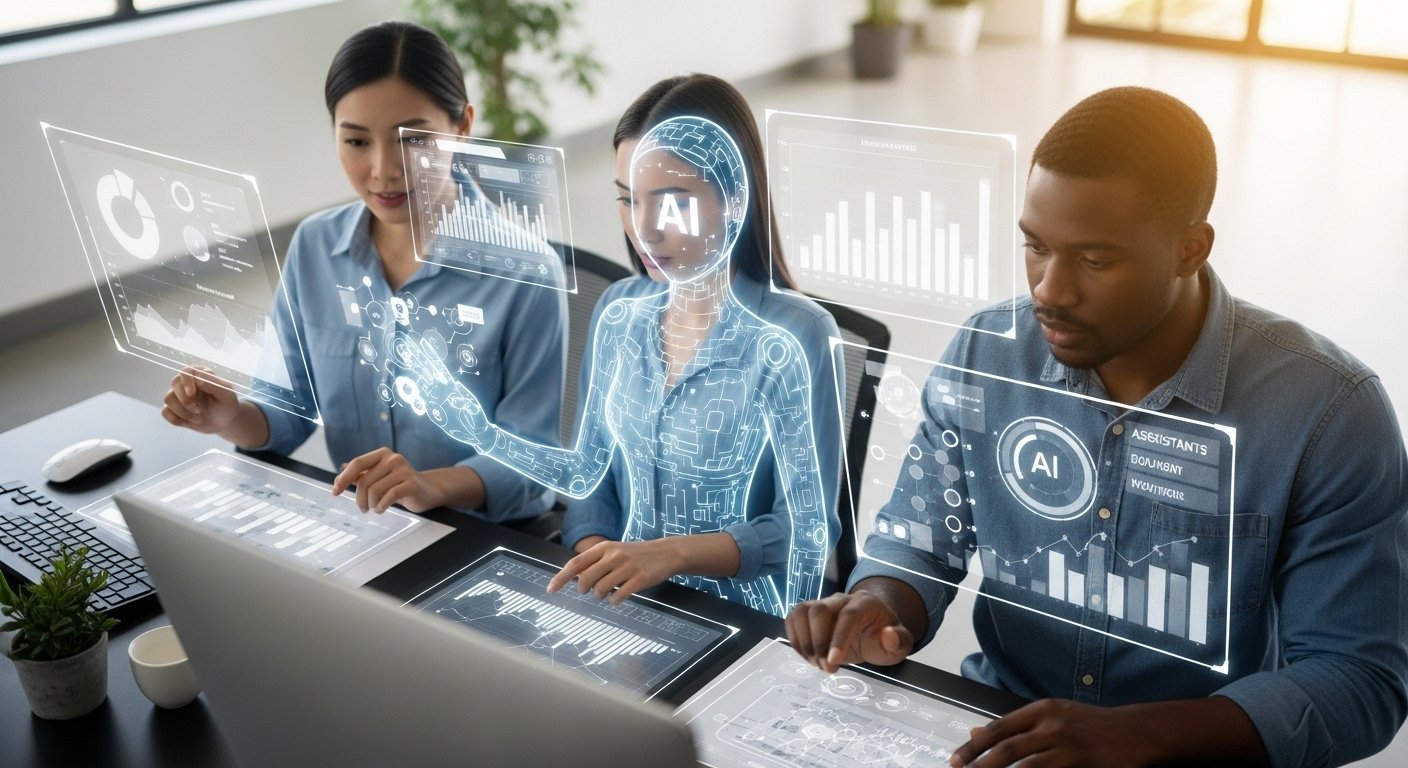 A team of diverse professionals collaborating around a table with data visualizations, symbolizing strategic AI implementation in talent acquisition.