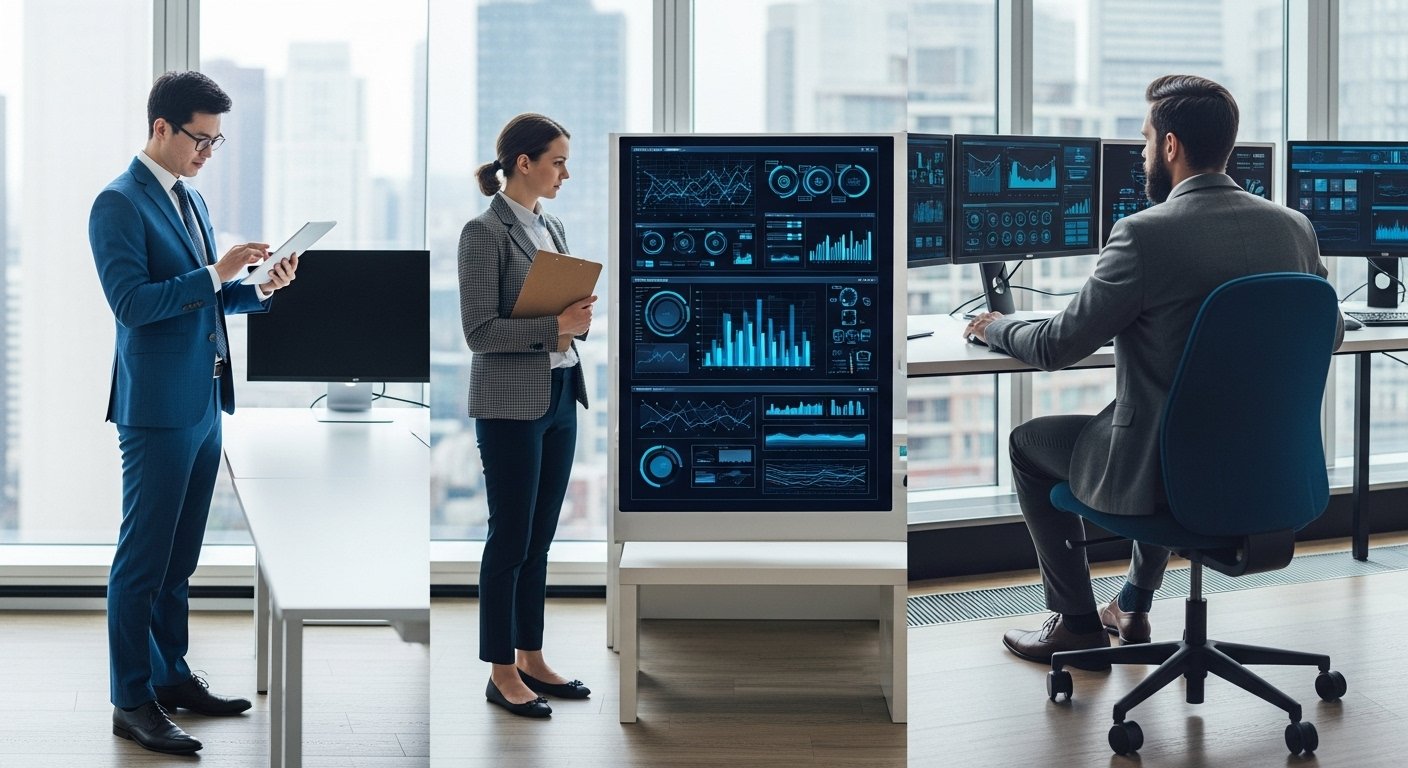 A team of professionals collaborating on a complex workflow diagram on a digital whiteboard.